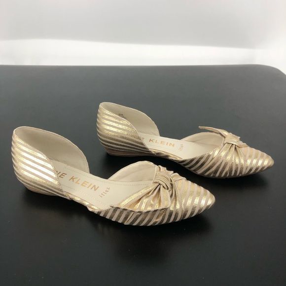 Anne Klein Bette Gold Cream Stripe Twist Bow Flats size 6.5 - Picture 3 of 10